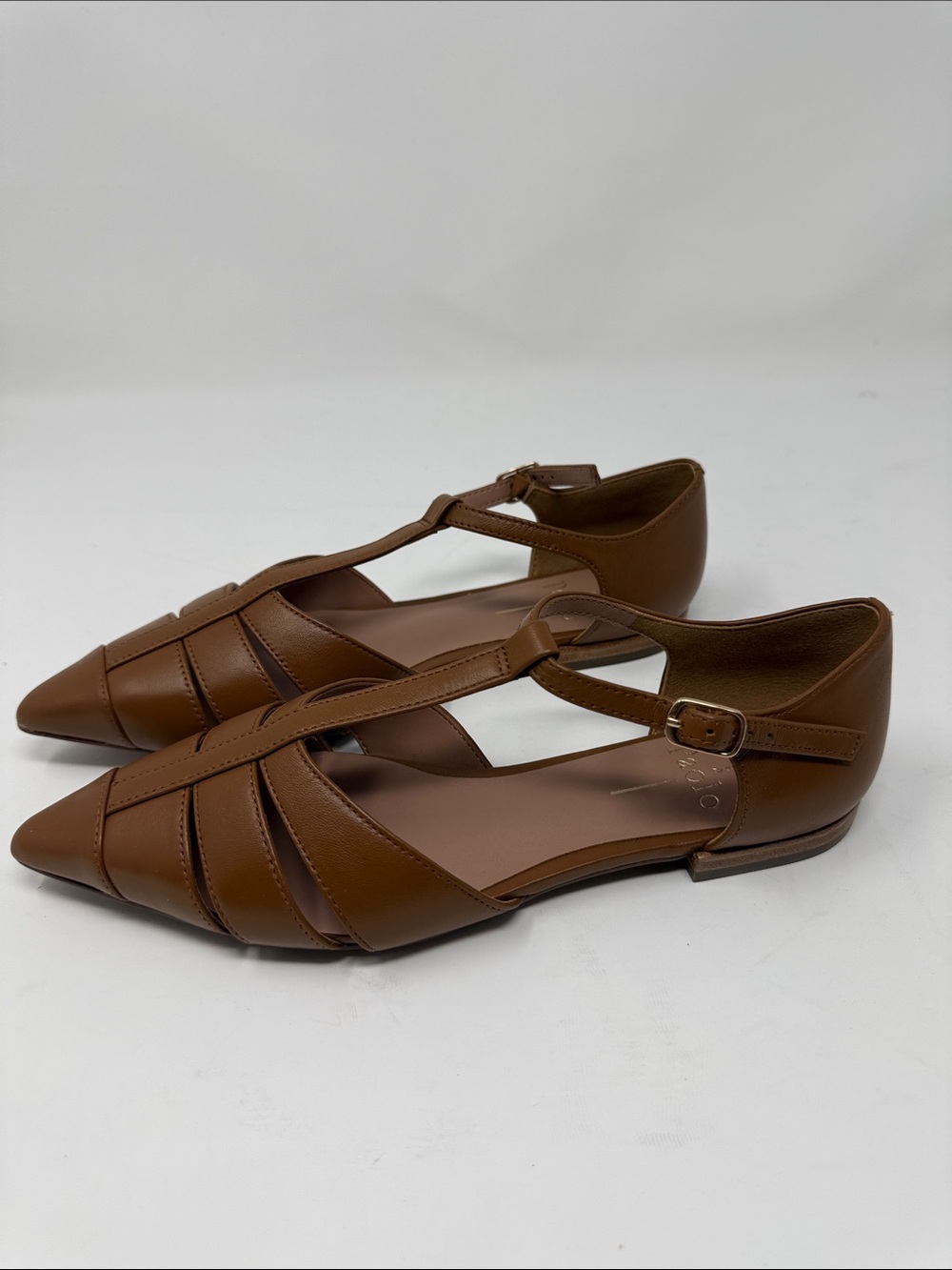 NEW LINEA PAOLO Cognac Nappa Pointed T-Strap Women's Flats - Picture 4 of 6